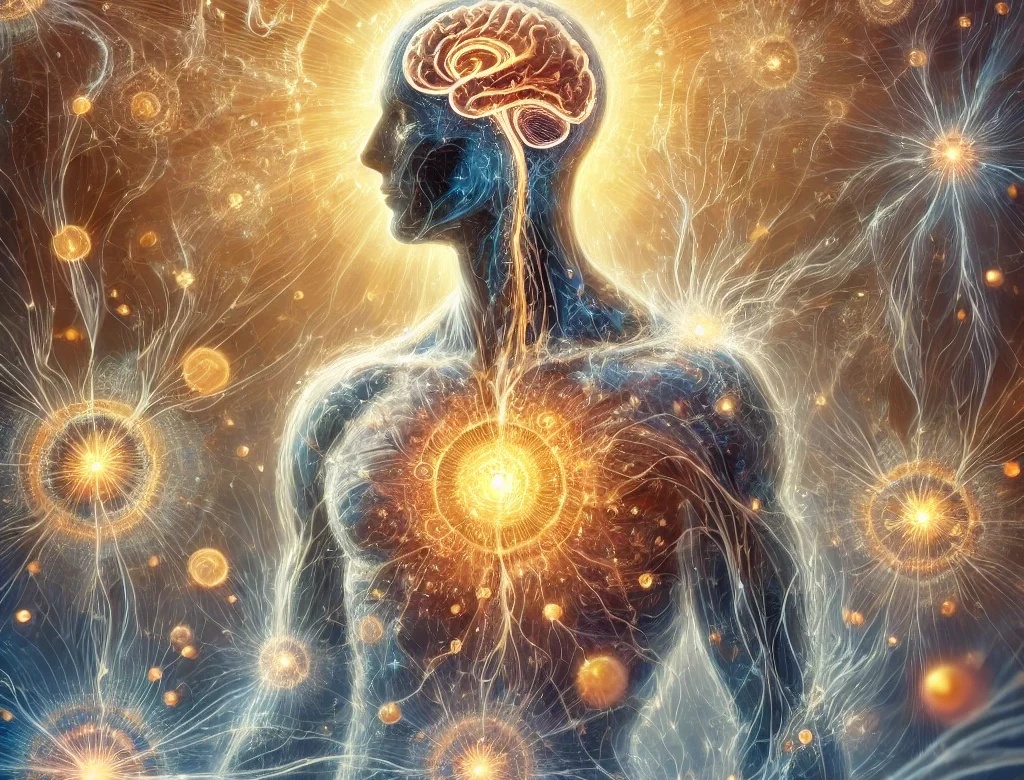 An artistic representation of emotional pain stored in the body, showing the mind-body connection through abstract neural pathways and cellular energy healing.