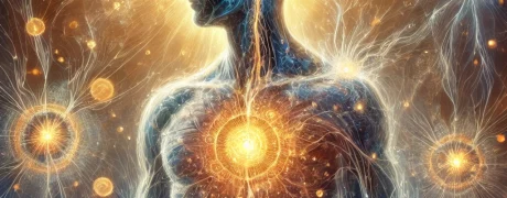 An artistic representation of emotional pain stored in the body, showing the mind-body connection through abstract neural pathways and cellular energy healing.