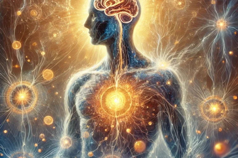 An artistic representation of emotional pain stored in the body, showing the mind-body connection through abstract neural pathways and cellular energy healing.