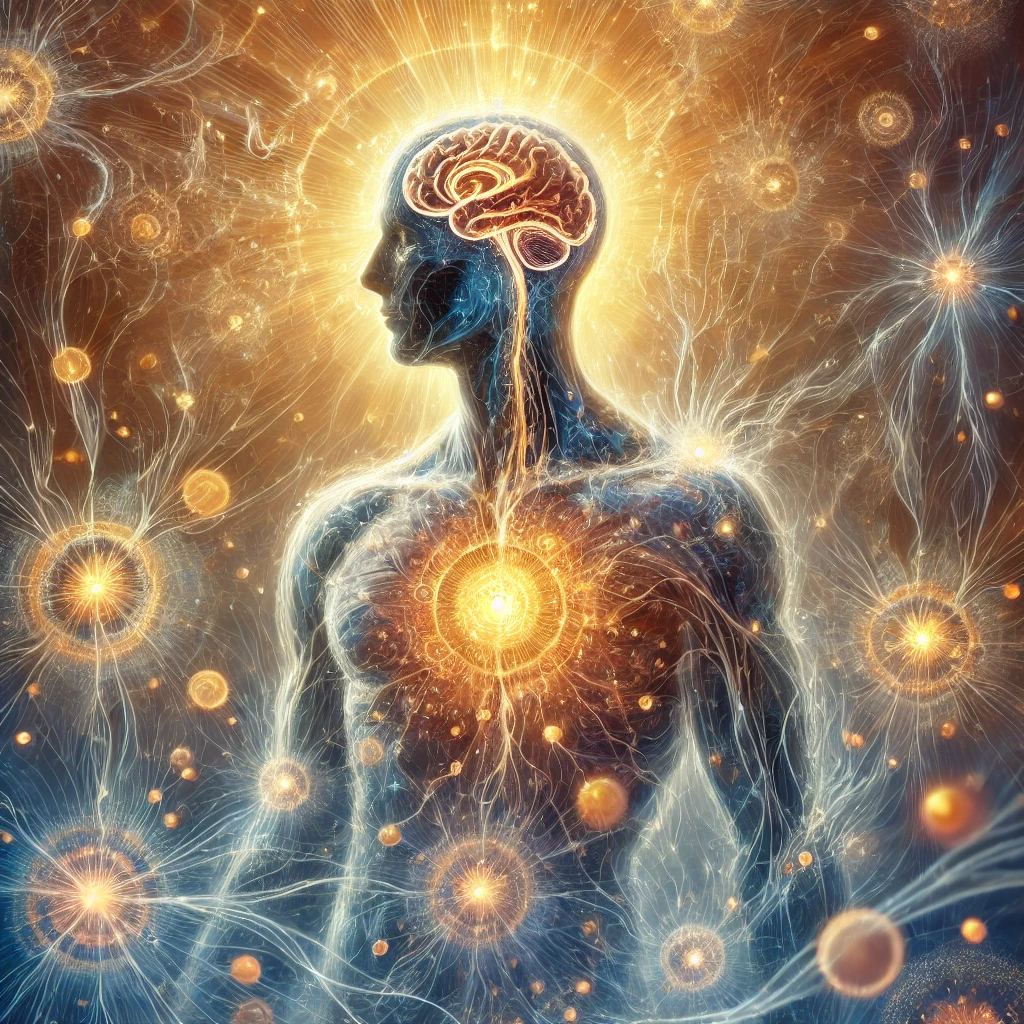 An artistic representation of emotional pain stored in the body, showing the mind-body connection through abstract neural pathways and cellular energy healing.