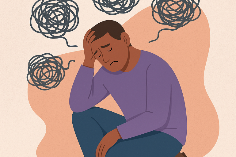 A digital illustration of a middle-aged man holding his chest, with a shadow of pain behind him, symbolising the hidden physical effects of unresolved trauma.