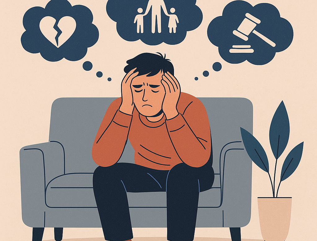 Flat-style illustration of a distressed man in a hoodie sitting on a bench, head in hands, symbolising emotional exhaustion after a family court conflict. Scales of justice and child custody icons appear above, highlighting themes of parental alienation and legal trauma.