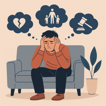 Flat-style illustration of a distressed man in a hoodie sitting on a bench, head in hands, symbolising emotional exhaustion after a family court conflict. Scales of justice and child custody icons appear above, highlighting themes of parental alienation and legal trauma.
