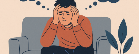 Flat-style illustration of a distressed man in a hoodie sitting on a bench, head in hands, symbolising emotional exhaustion after a family court conflict. Scales of justice and child custody icons appear above, highlighting themes of parental alienation and legal trauma.