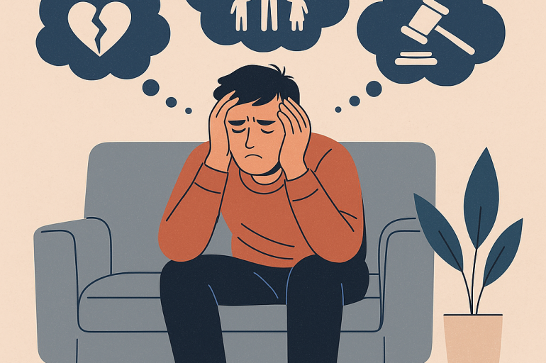 Flat-style illustration of a distressed man in a hoodie sitting on a bench, head in hands, symbolising emotional exhaustion after a family court conflict. Scales of justice and child custody icons appear above, highlighting themes of parental alienation and legal trauma.