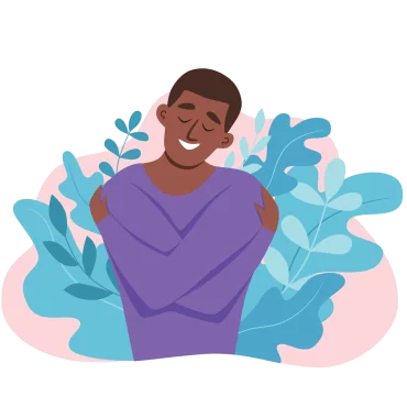 Illustration of a smiling man hugging himself, symbolising healing through somatic therapy for trauma in men.