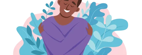Illustration of a smiling man hugging himself, symbolising healing through somatic therapy for trauma in men.