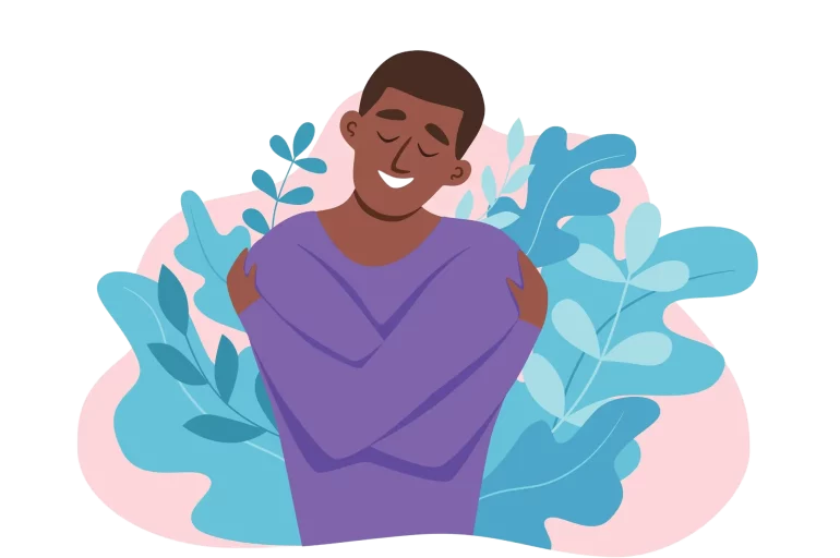 Illustration of a smiling man hugging himself, symbolising healing through somatic therapy for trauma in men.