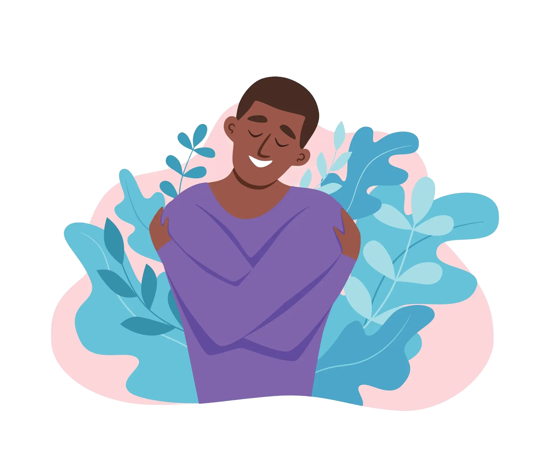 Illustration of a smiling man hugging himself, symbolising healing through somatic therapy for trauma in men.