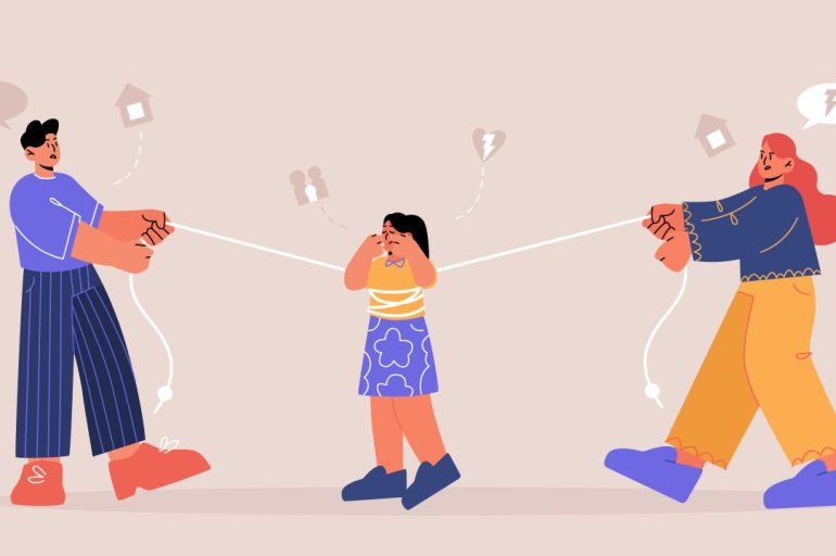 Illustration of a distressed child caught in the middle of a conflict between two parents pulling her in opposite directions, symbolising parental alienation and emotional tension in family breakdowns.