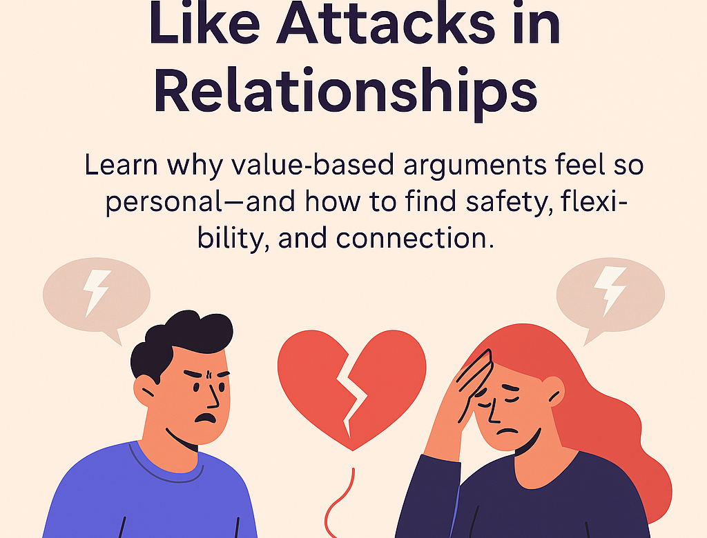 A flat-style digital illustration of a couple sitting on opposite ends of a couch in a calm, modern interior. The man appears reflective, the woman thoughtful, with a soft, neutral colour palette suggesting emotional tension but mutual respect. The image conveys the emotional distance and identity-based conflict sometimes present in intimate relationships.