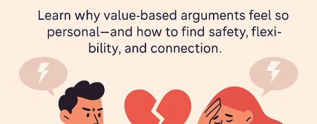 A flat-style digital illustration of a couple sitting on opposite ends of a couch in a calm, modern interior. The man appears reflective, the woman thoughtful, with a soft, neutral colour palette suggesting emotional tension but mutual respect. The image conveys the emotional distance and identity-based conflict sometimes present in intimate relationships.