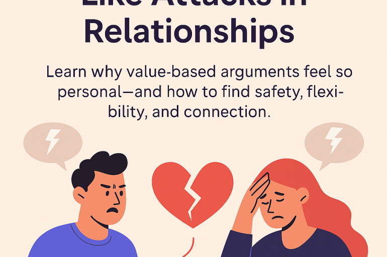 A flat-style digital illustration of a couple sitting on opposite ends of a couch in a calm, modern interior. The man appears reflective, the woman thoughtful, with a soft, neutral colour palette suggesting emotional tension but mutual respect. The image conveys the emotional distance and identity-based conflict sometimes present in intimate relationships.