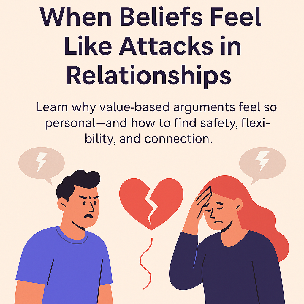 A flat-style digital illustration of a couple sitting on opposite ends of a couch in a calm, modern interior. The man appears reflective, the woman thoughtful, with a soft, neutral colour palette suggesting emotional tension but mutual respect. The image conveys the emotional distance and identity-based conflict sometimes present in intimate relationships.